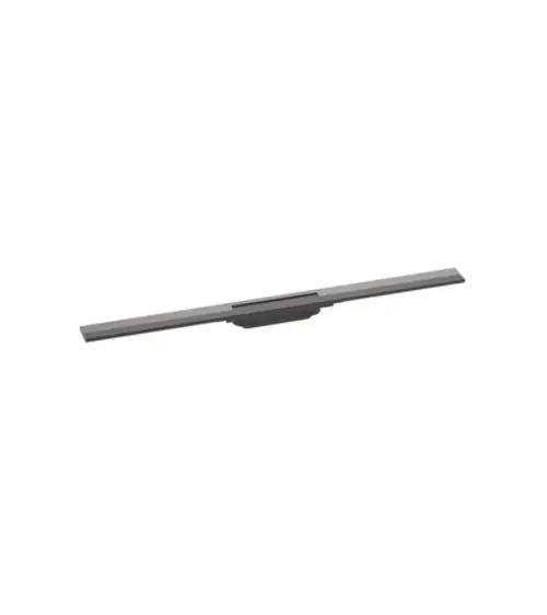 Hansgrohe Duschrinne in gebürstetem Schwarzchrom, schmaler, rechteckiger Entwässerungskanal, langgestreckt ohne sichtbare Montageelemente.